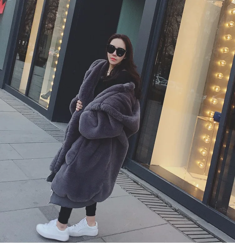 2022 New Arrival  Fashion Faux rabbit fur Long Over Sized Style Women hooded Coat