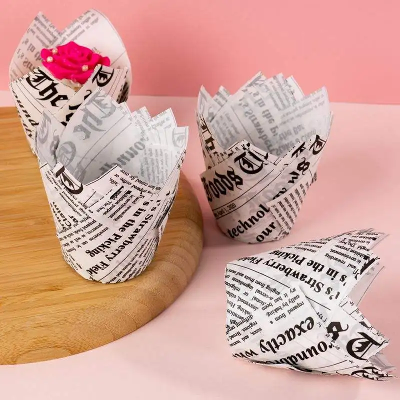 Factory direct sales 50mm cupcake wrapper baking tulip muffin cups Tulip cupcake liners with newspaper printing