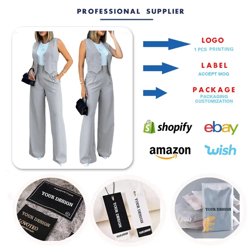 C0126 Latest Design Two Piece Set Women Clothing Office Ladies Suit Waistcoats Wide Leg Pants Set 2 Piece Outfits For Women