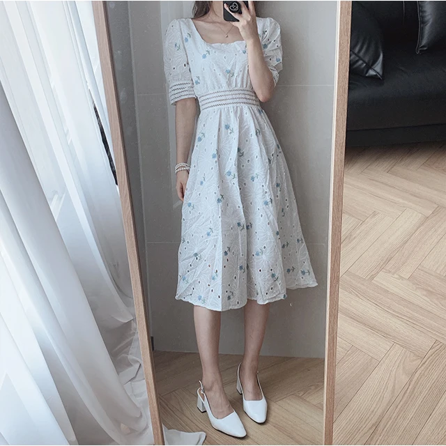 Korean Fashion Square Neck short Sleeve Floral Dress Women Sweet Dresses Clothing Wholesale