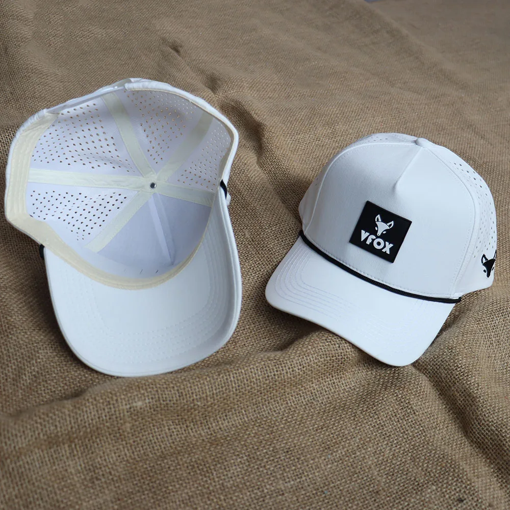 Small minimum order brand quality customized logos nylon curved brim waterproof nylon 5 panel baseball cap with rope
