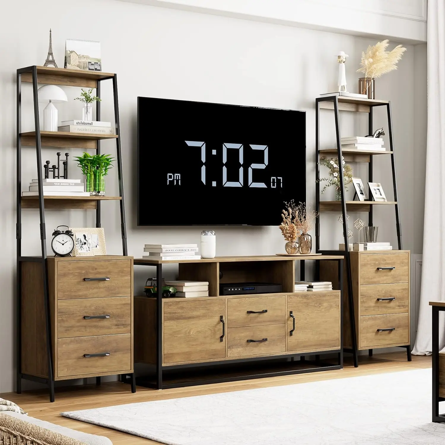 4 Tier Bookcase High Bookcase with 3 Wooden Drawers Modern Bookcase Storage Box for Living Room Hallway Office Rustic Brown