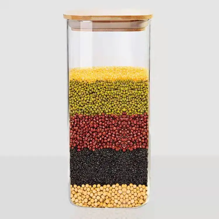 Cylinder Cereal Container with Sealing Airtight Canisters for Bulk Measurement markings Glass Cookies Jar with Bamboo Lid