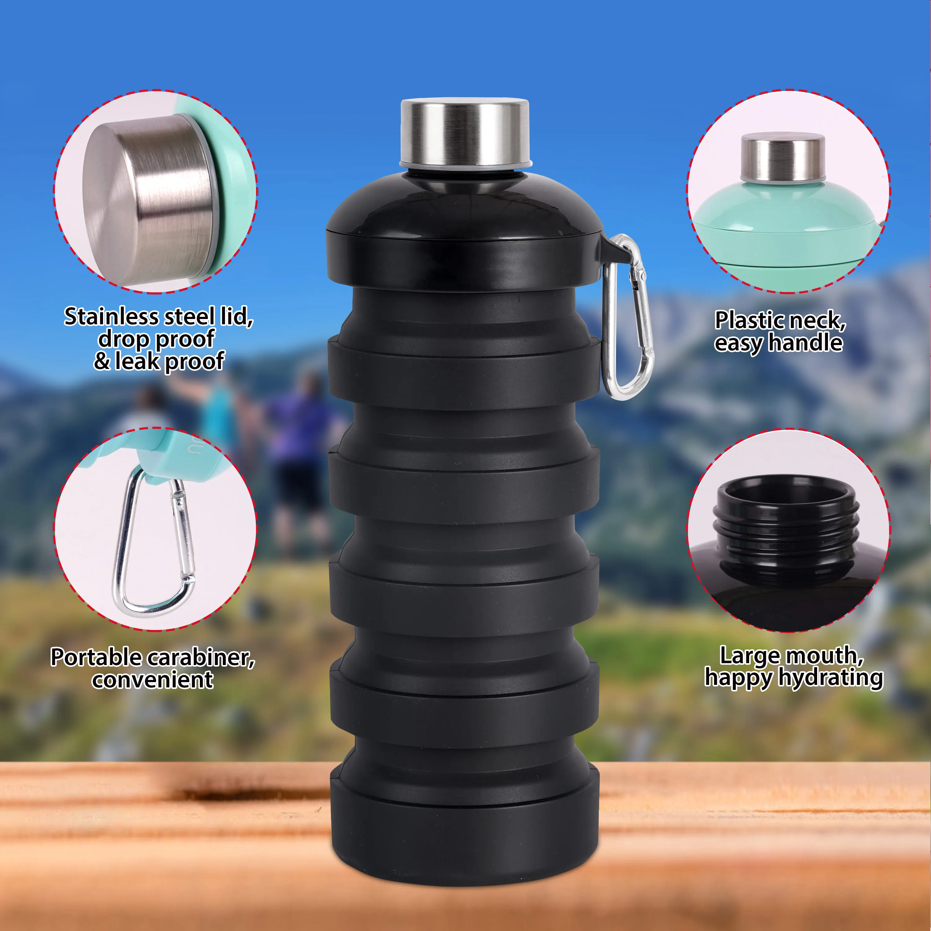 Hot Selling Eco Friendly Bpafree Silicone Foldable Sports Folding Leakproof Collapsible Water Bottle Hiking