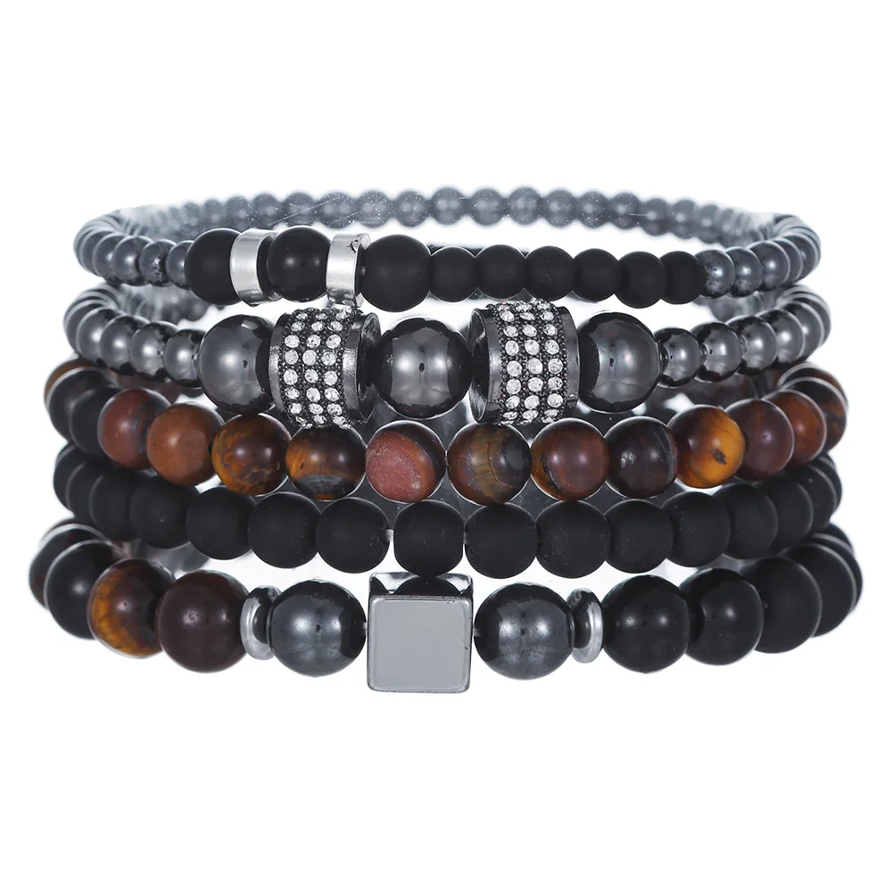 Vintage Jewelry 5pcs Mens Geometric Matte Round Beaded Black Flat Strip Shape Bangle Bracelets Set Gift