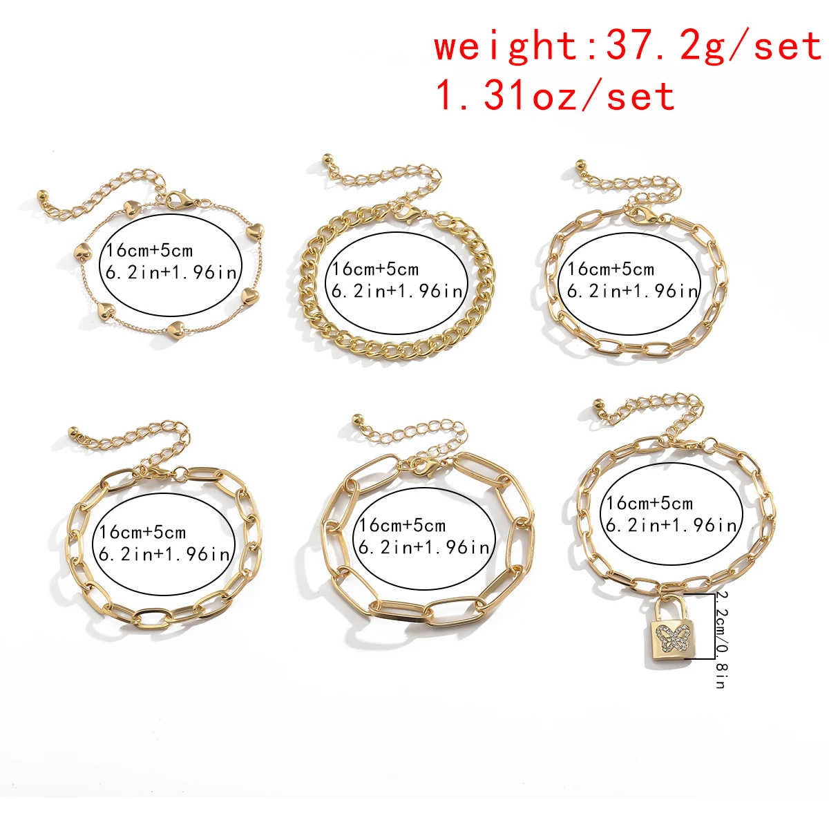  Golden Lucky Multilayer Handmade Peach Heart Cross Chain Inlaid With Diamond Butterfly Lock Bracelet Set