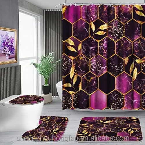 Bathroom Accessory Set, Including Non-Slip Rugs,Toilet Lid Cover and Bath Mat, Waterproof Shower Curtain,Honeycomb Marble