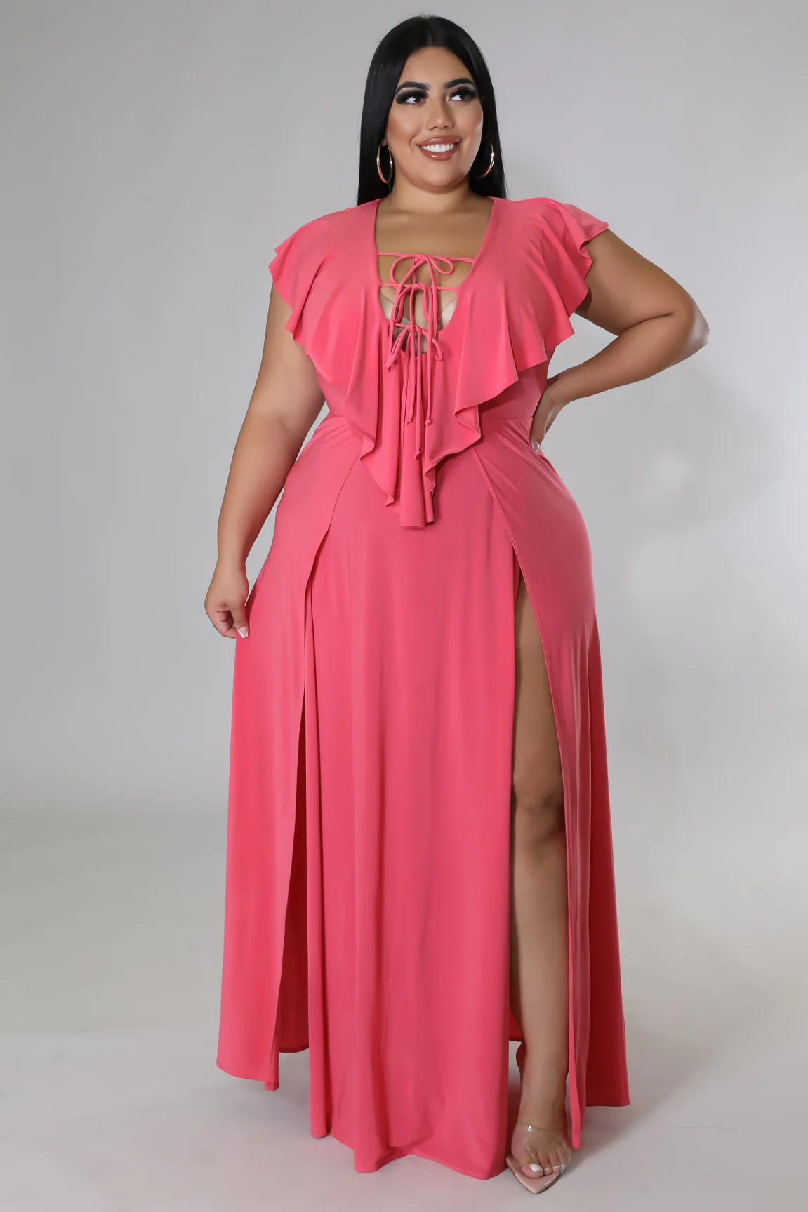 X33260 Amazon Europe and America  fashion Split dress solid color ruffled large size summer casual women dress plus size