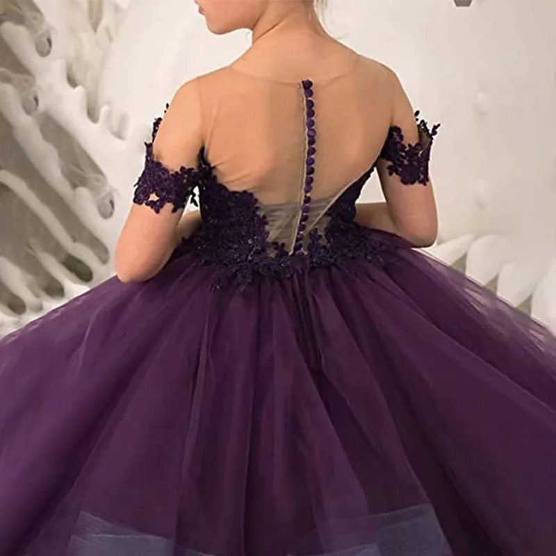 Low Moq Custom Kids Evening Party Gown Baby Girls Pageant Dresses Off Shoulder Multi Layered Flower Girl Dress With Lace