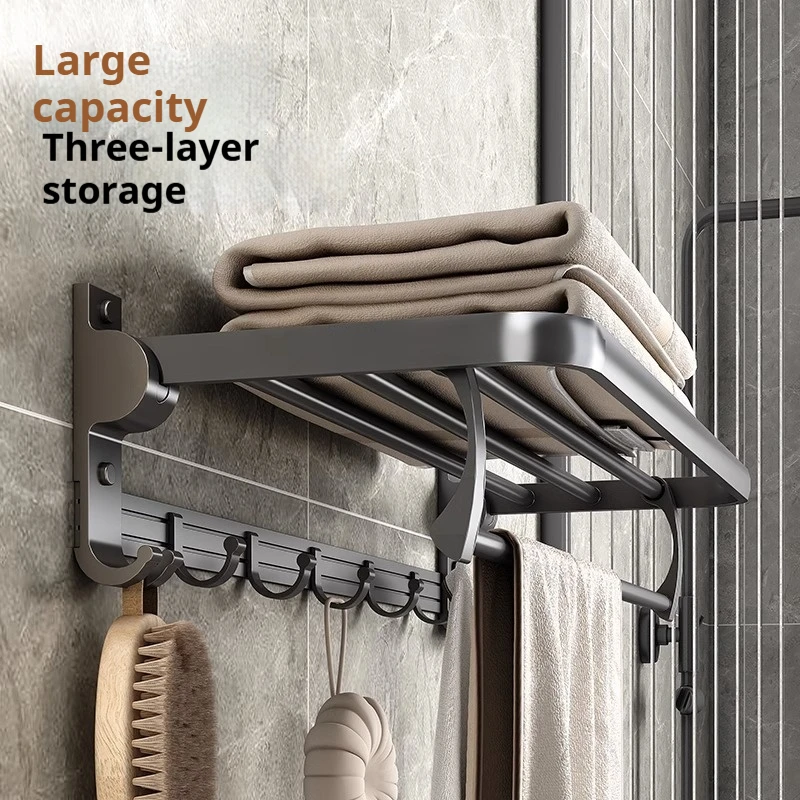Gun grey 24in Towel Racks with Shelf Drilling/Adhesive Wall Mounted Foldable Rustproof Bathroom Towel Holder with Towel Bar