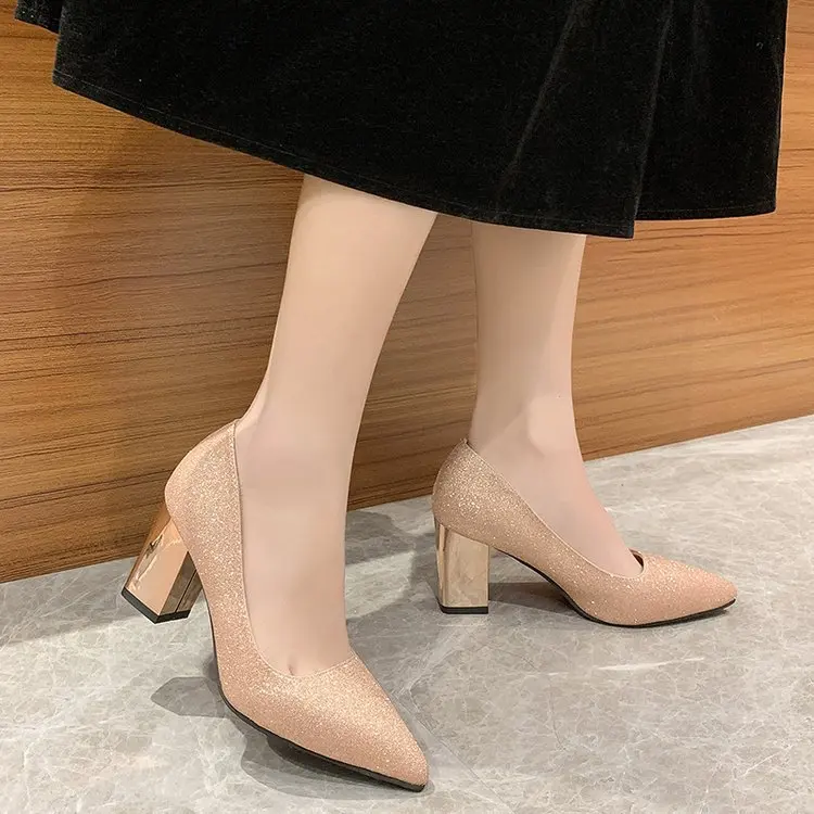 Women Big size Wedding shoes Sweet Noble Gold Silver Sequins Wedding Bridesmaid Chunky heels Fashion Leisure Shallow mouth Pumps