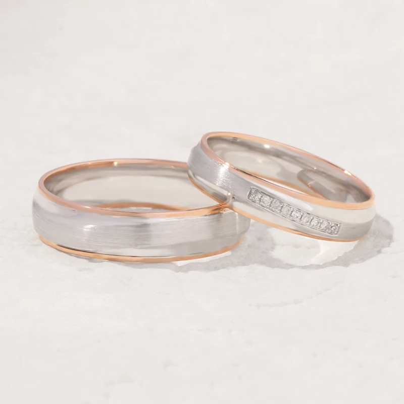 18K White Gold Matte Pave Diamond Wedding Couple Ring Anniversary Bands Engraving Ring Set