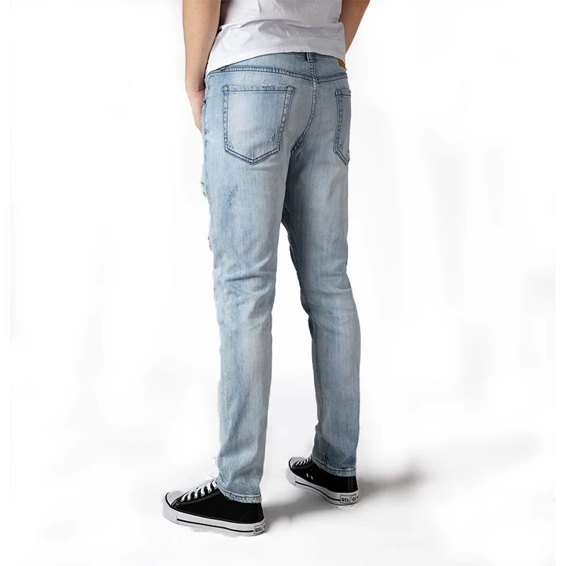 2020 stock jeans original denim jeans manufacturer blue aged wash slim fit button fly ripped biker jeans men with cheap price