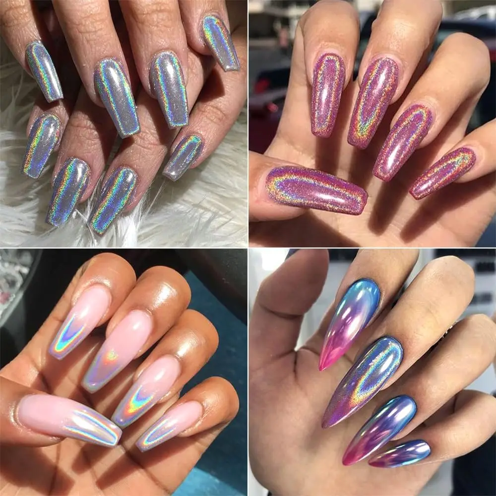 10 Colors Holographic Nail Powder Iridescent Metallic Mirror Laser Effect Magnetic Chrome Powder Wholesale For Nail Art