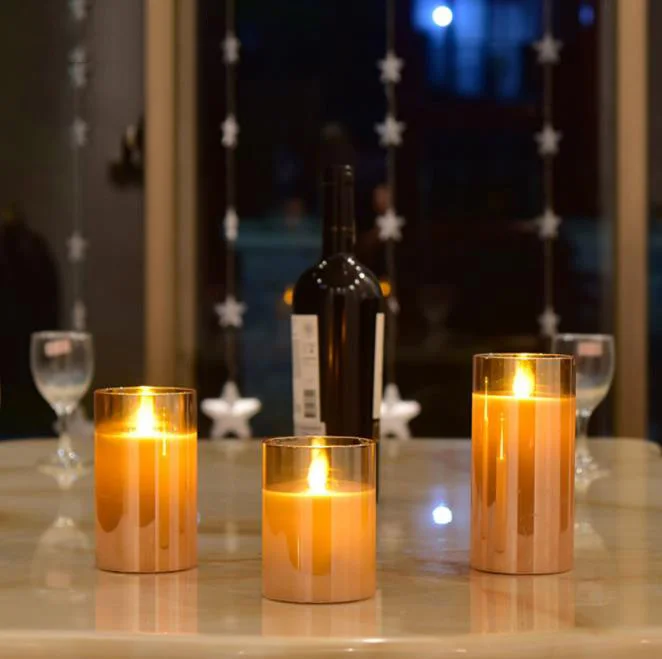 Tawny plated glass electronic candle 3 pcs set simulation shake flame led remote control candle