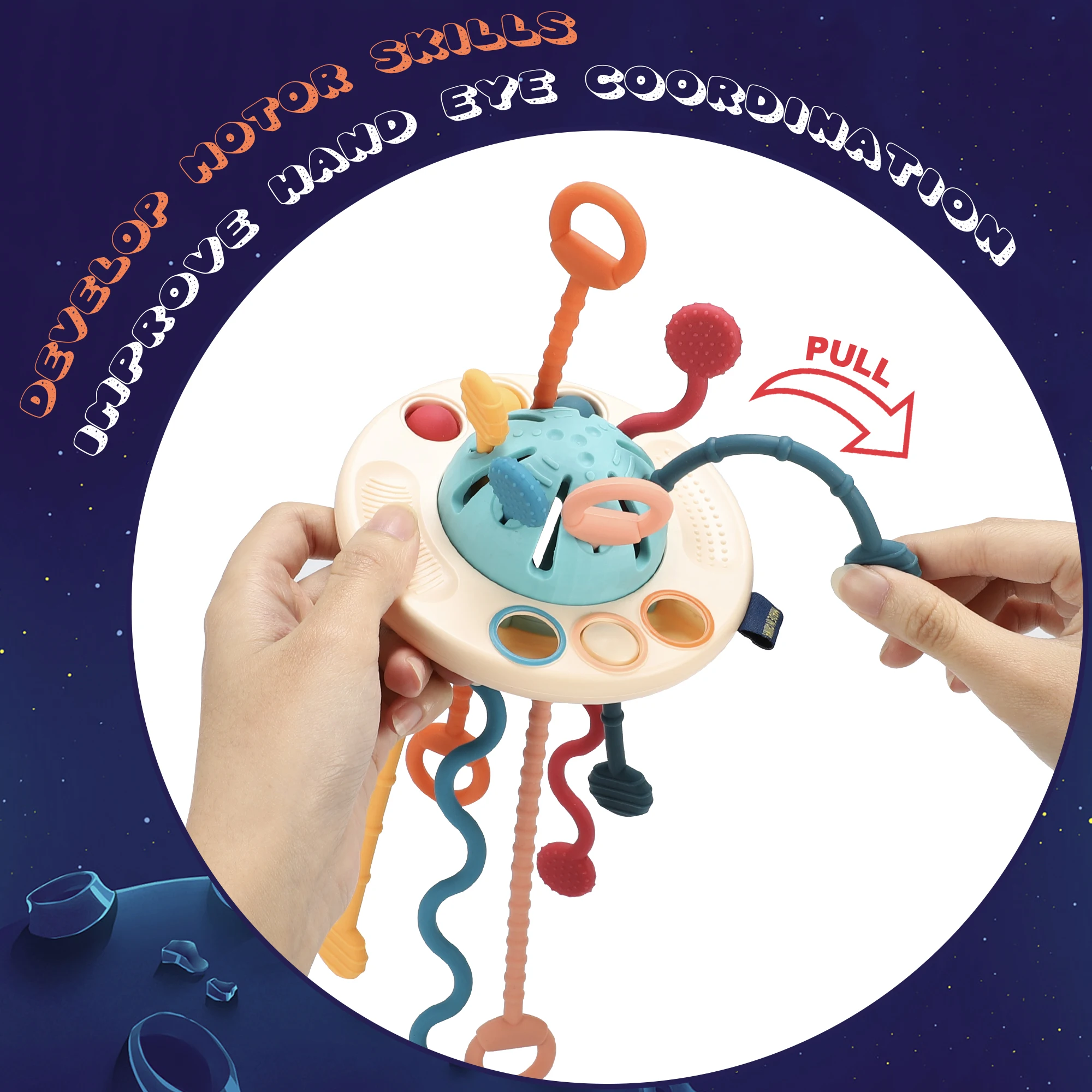 Fast Delivery Finger Activity Sensory Training Educational Baby Soft Teether Food Grade Chew Silicone Pulling String Toy