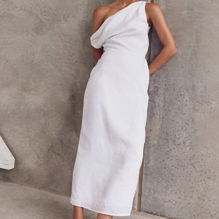 Solid Color Slash Neck Zipped Back Slit Cotton Dresses Women 2024 Casual Summer Sleeveless Off Shoulder Dress For Women