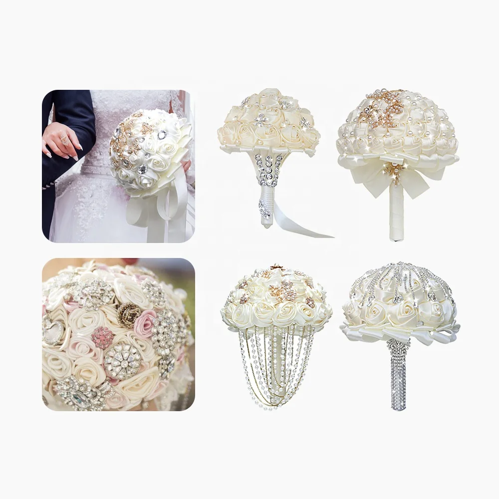 Wholesale Satin Roses Artificial Flowers Bouquet Handmade Diamond Pearl Bride Wedding Flower Bouquet