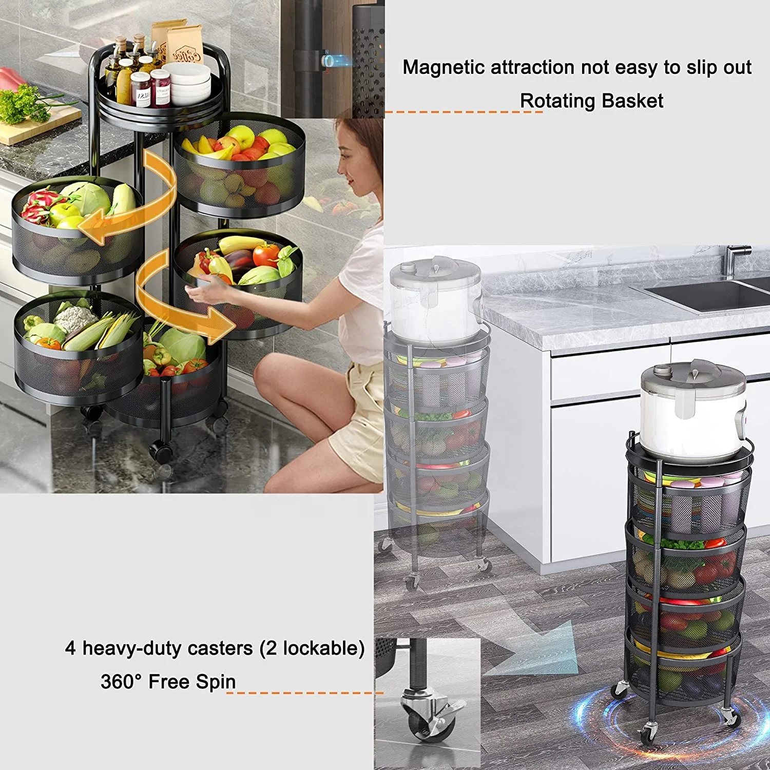 5 Tier Fruit Basket with Top Lid for Kitchen Circular Rotating Large Metal Wire Basket with Wheels