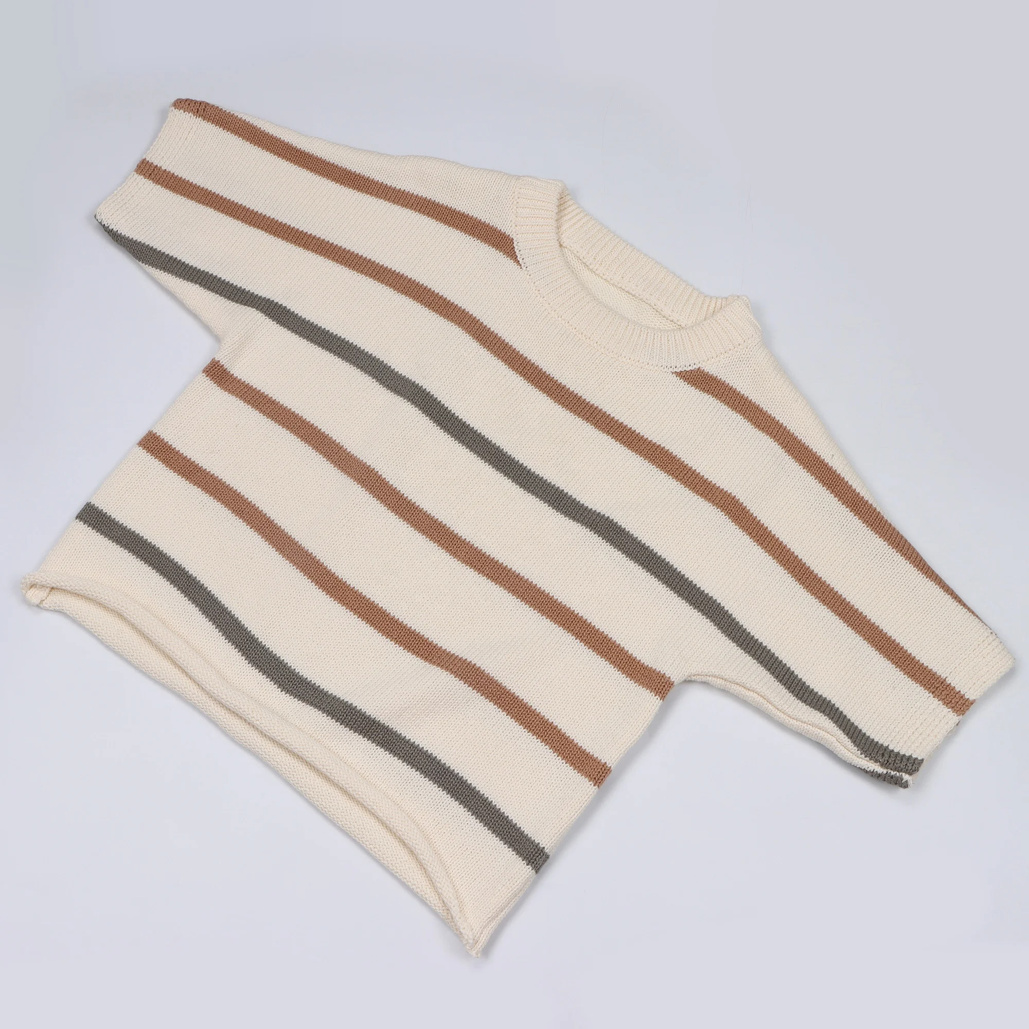 Custom Striped Short Sleeve Knitting Baby Chunky  Cotton Sweater Set Crew Neck Toddler Baby Boys clothing Set Toddler Clothes