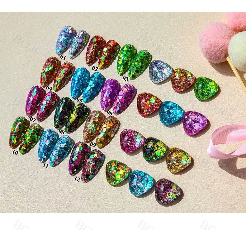 Big Discount nail glitter acrylic powder chunky hexagonal mixed glitter for nail art solvent resistance chameleon glitter