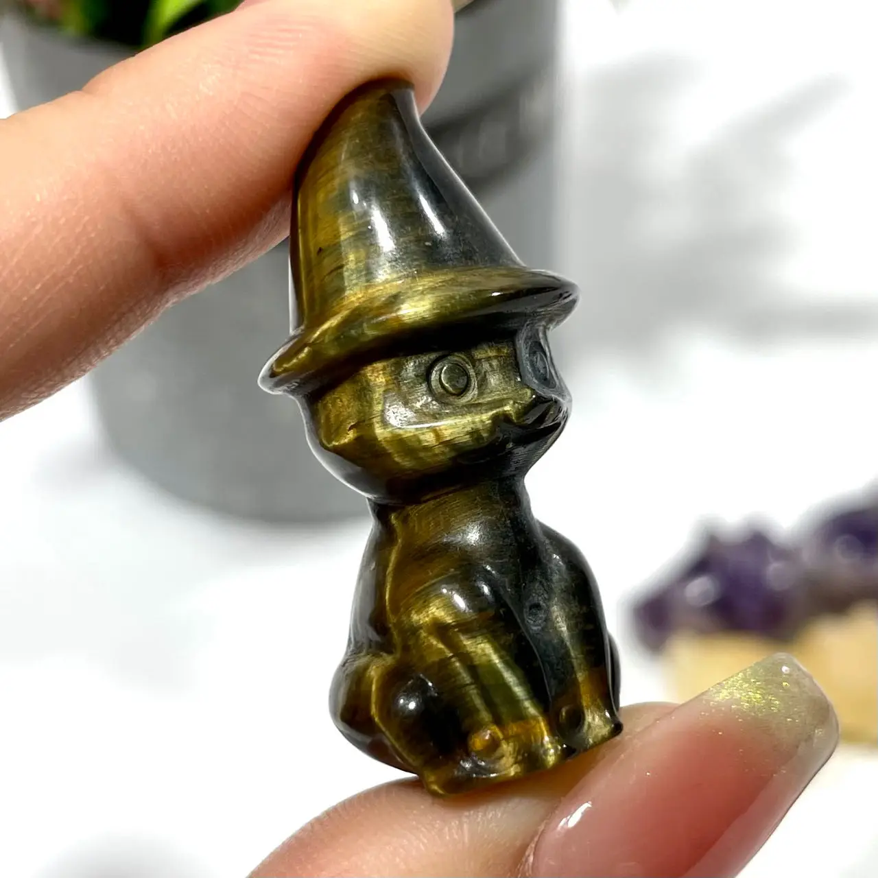 Healing Reiki Halloween Decorations Natural Stone Quartz Crystal Carved Wizard Hat Cats Polished Gemstone Craft 4cm