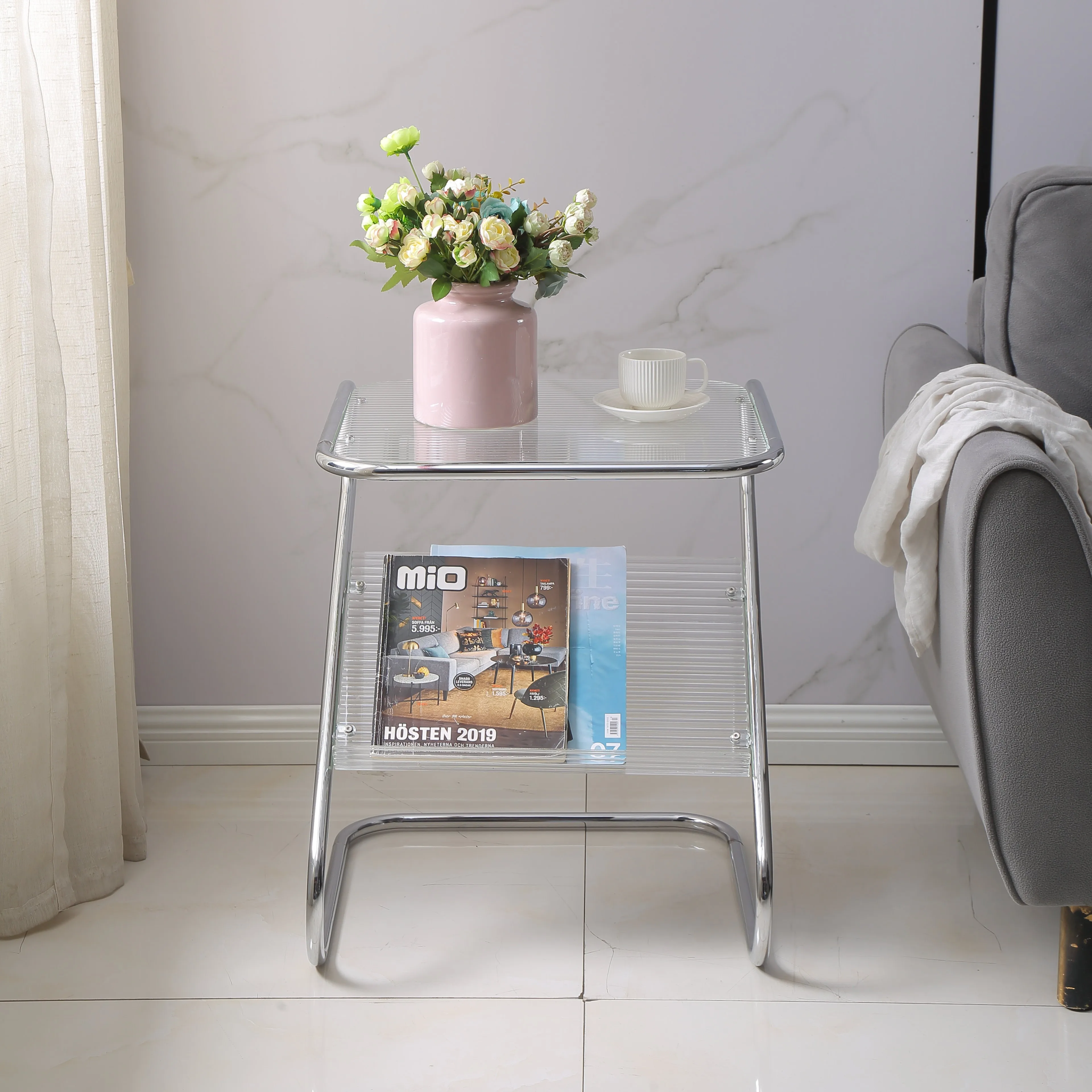 Hot Selling Small Home Furniture Indoor Side Table Glass Book Holder Rack Z Shape Metal Frame Coffee Table
