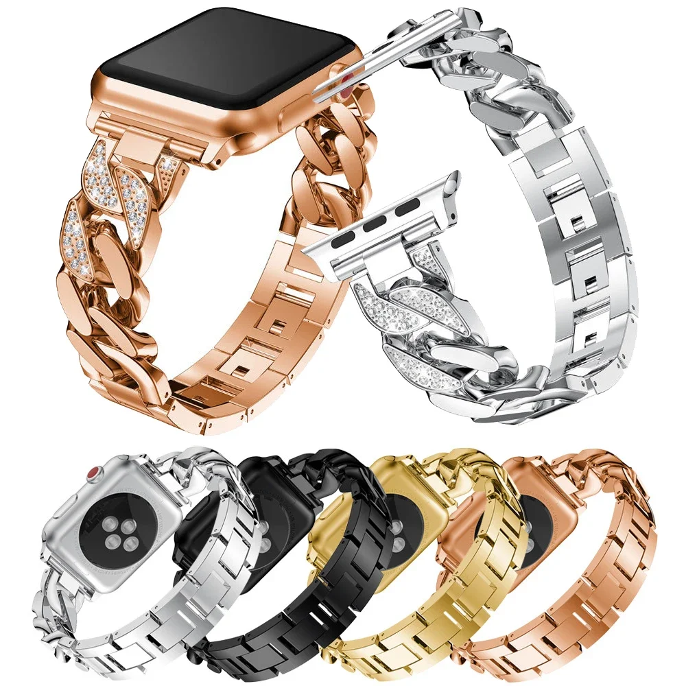 CAOWTAN Women Strap for Apple Watch Band 41 45mm Luxury Diamond Chains Metal Bracelet 38 42 40 44mm Iwatch Series 8 7 6 5 SE