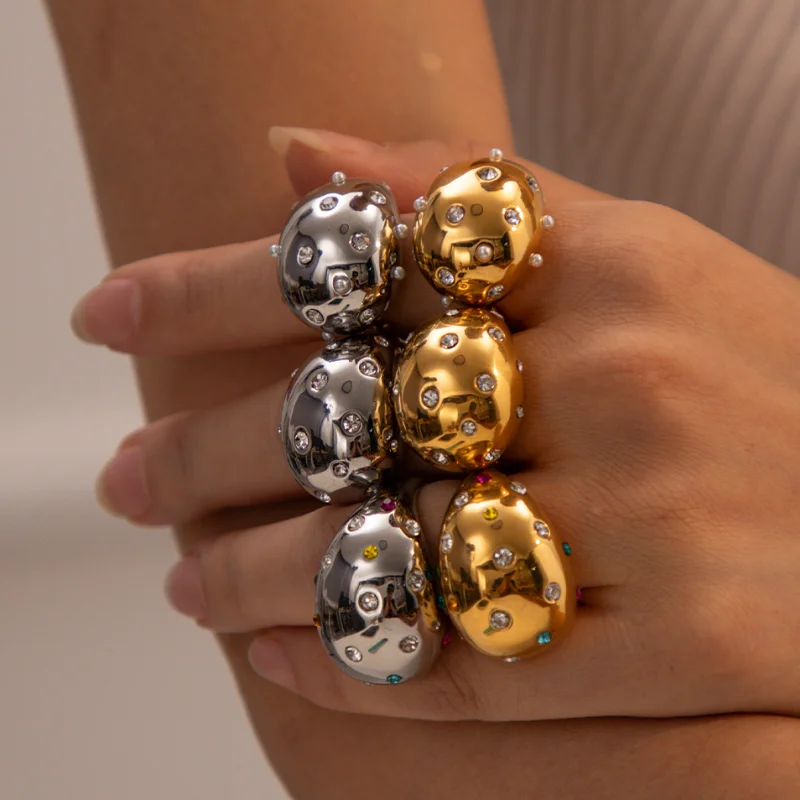 Europe And The United States New Summer Ins 18k Gold-Plated Pearl Zircon Inlaid Jewelry Stainless Steel Lava Depression Ring