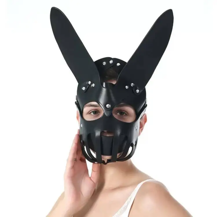 Sexy Black Leather Bondage  Adult Sex Foreplay Full Face Party Rabbit Ears Mask