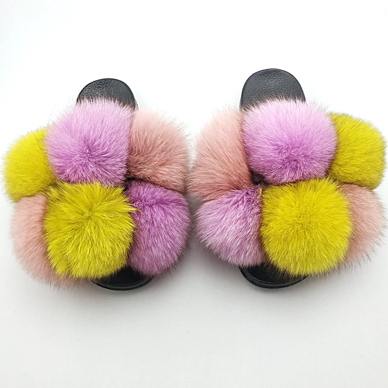 
New Product Wholesale Ladies Women Fox Fur Sandals Plush Shoes Mix color Fluffy Fur Slippers Real Fox Fur Slides 