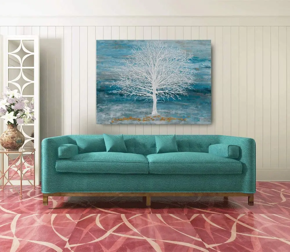Newest Chinese Creative Tree Abstract Oil Painting on Canvas Blue Teal Home Decor Wall Art Ready to Hang