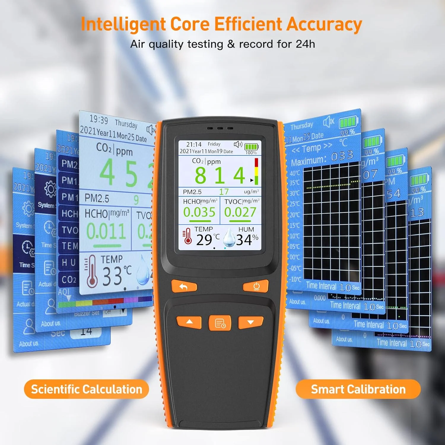 10 in 1 Air Quality Monitor 2000mAh Rechargeable PM2.5 PM1.0 PM10 HCHO TVOC CO2 Gas Detector Handheld Air Quality Detector