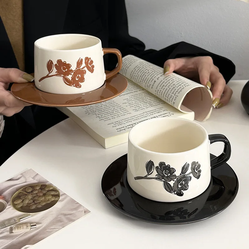 Lelyi INS Retro Ceramic Coffee Cup Saucer with Tray Minimalist Handgrip Design Premium Breakfast Cup for High Beauty Couple