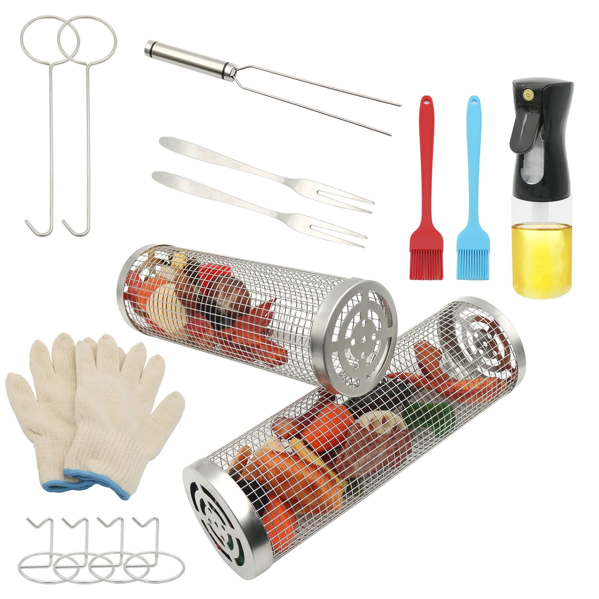 Stainless Steel 304 BBQ Accessories Outdoor Grilling Rolling round Grill Grilling Basket with Net Tube for Bbq