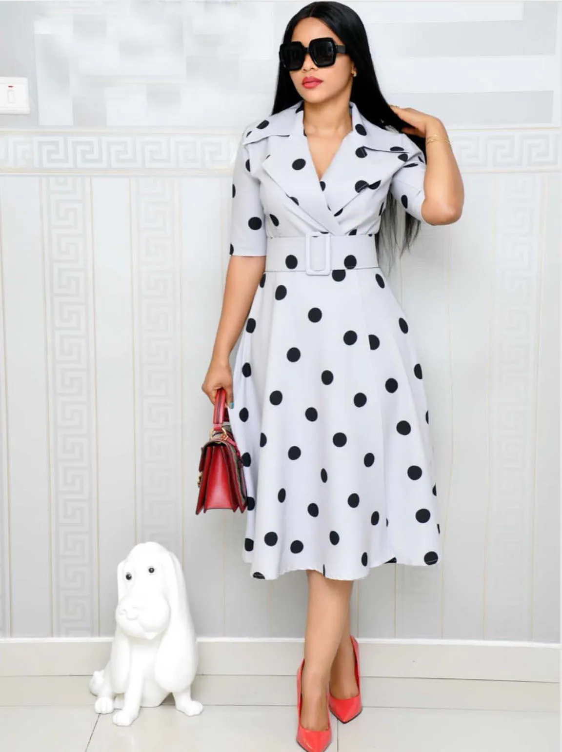 Suit Collar Point Printed Patchwork Plus-Size Women Casual dress With Belt