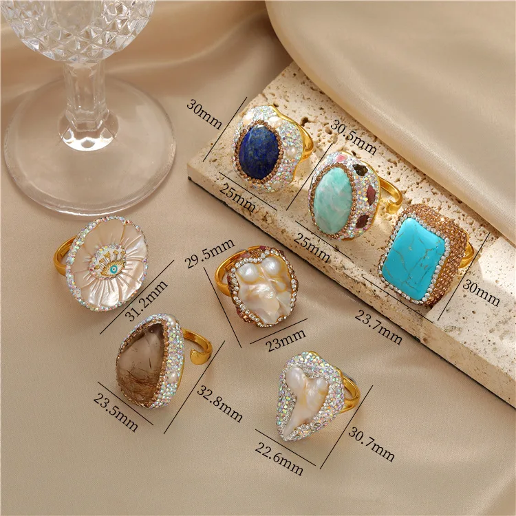 French hawaiian baroque natural stone pink topaz turquoise evil eye pearl rings jewelry women