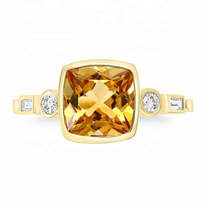 Firstmadam Citrine and 18kt Yellow Gold Ring Cut Diamond Gentle Engagement Ring for Women