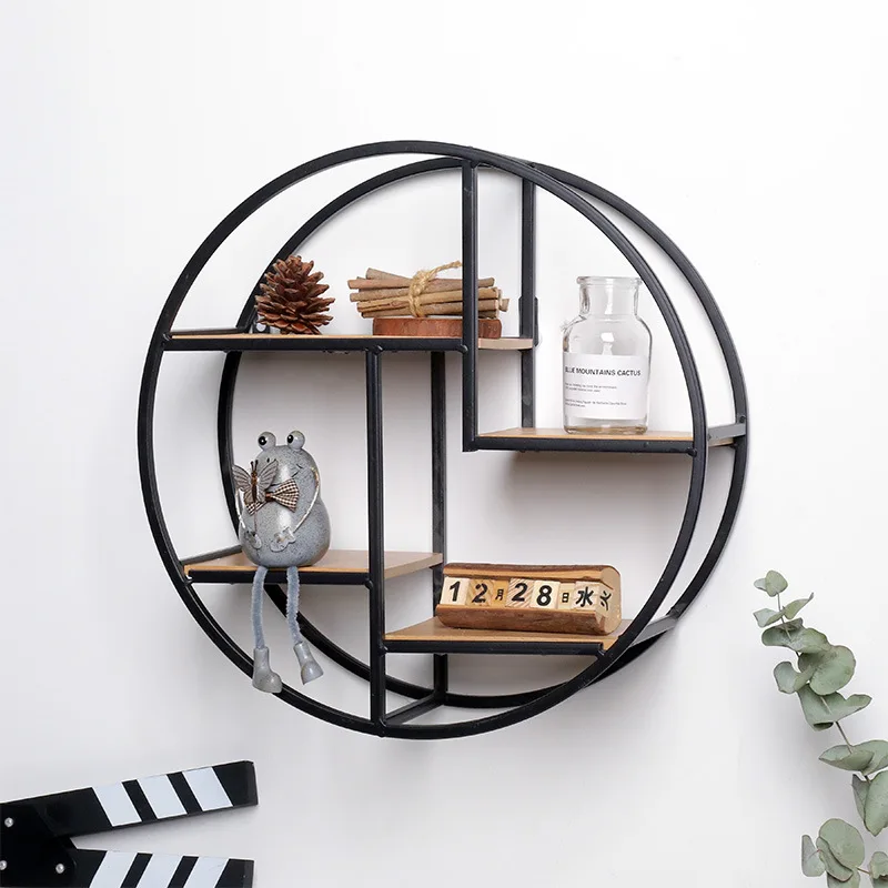 Home Decoration Storage Rack Modern Hanging Metal and Wood Round Design Nordic Wall Shelf