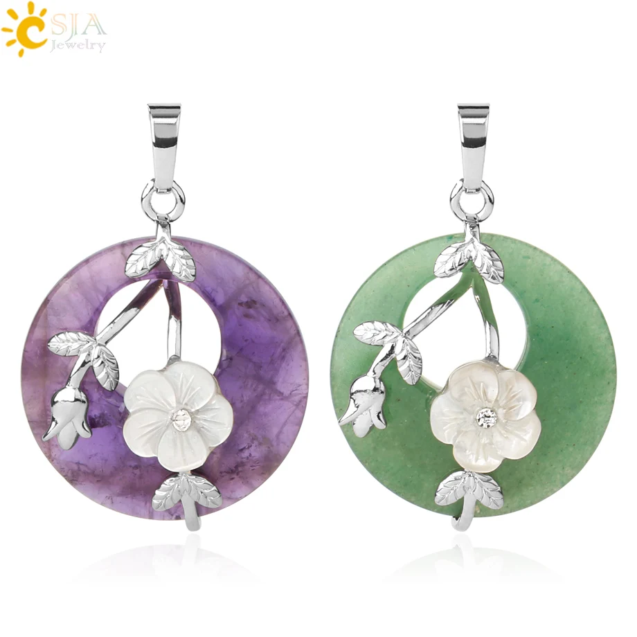 CSJA natural stones pendant engraved flower leaf rose quartz crystal charm pendants for mother G384