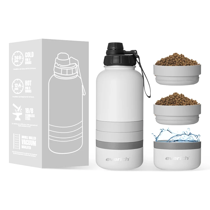 304 stainless steel dog water bottle 4 in1 32oz single wall Pet Water Bottle with food water container Portable Outdoor