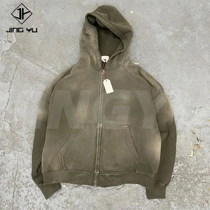 Custom High Quality Streetwear Hoodie Fleece Blank Zip Up Vintage Acid Wash Sun Faded Distressed Pockets Hoodies