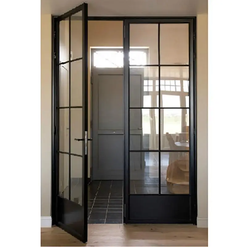 Residential Main Iron Glass Door Black Frame with Tempered Glass Various Customized Size