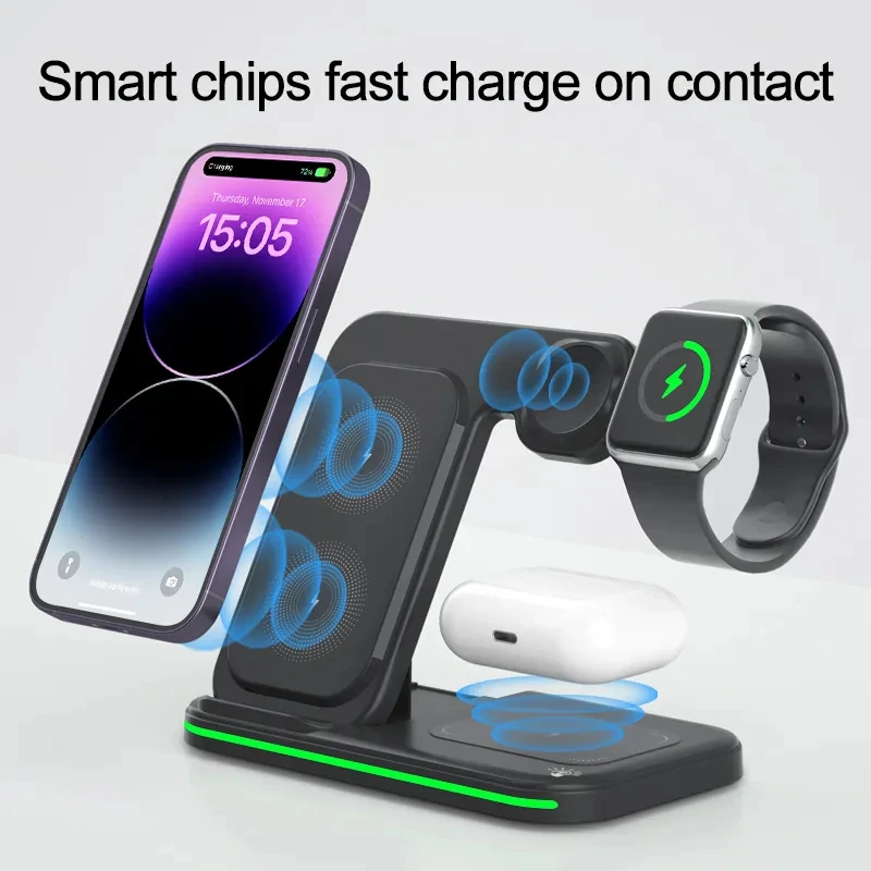 3In1 15W Smart Watch Magnetic Multi Function Charger Stand Qi Fast Wireless Phone Charging for iohone 11 12 13 14 15 16 pro max