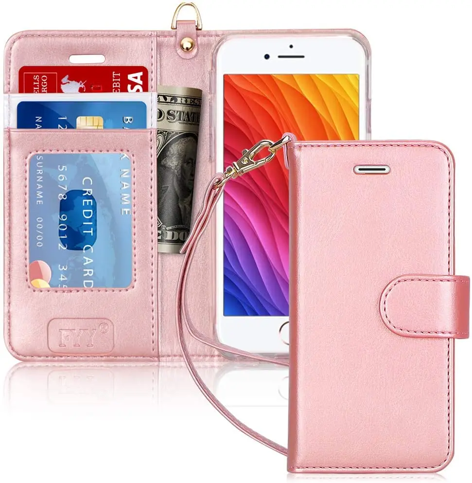 Luxury PU Leather Wallet Phone Case with Card Holder Flip Kickstand Cover Rose Gold Designed for iPhone SE Case 2022