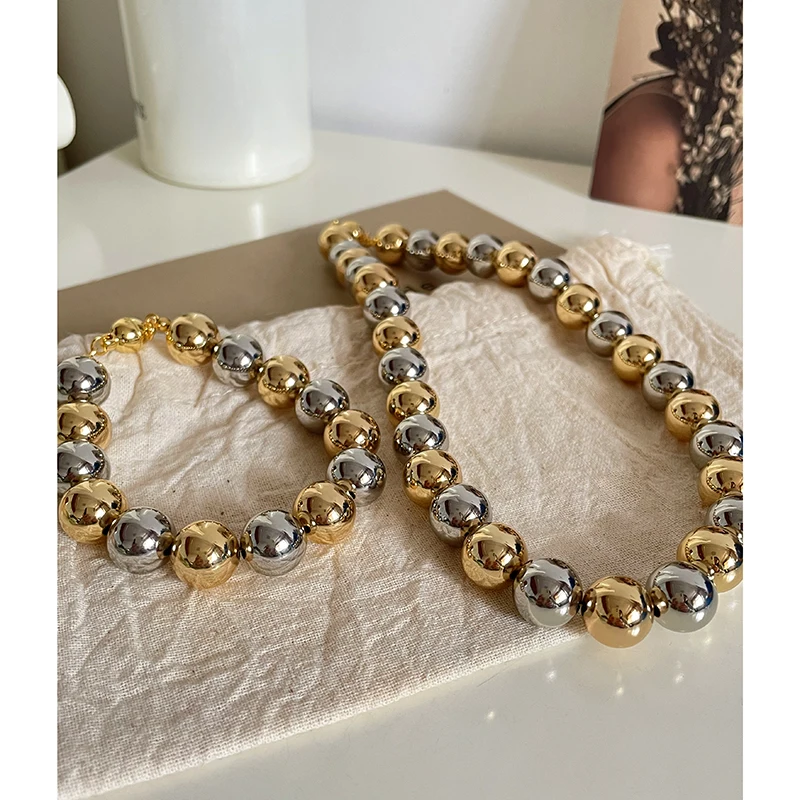 12mm Thick Stainless Steel Two Tone Linked Sphere Ball Necklace Non Tarnish Choker Necklaces for Women Modern Punk Jewelry Hot