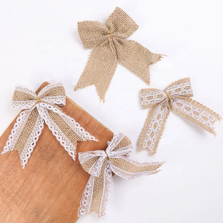 Retro Natural Jute Burlap Hessian Lace Bow knot Bows for Packaging Gift Box Decoration Accessories