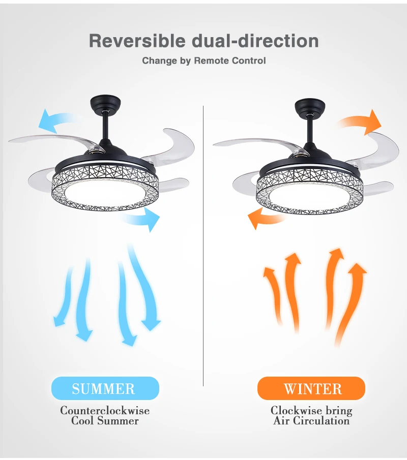 42' Chandelier 4 ABS Blades All Copper Moto Retractable Invisible Led Ceiling Fan With Light And Remote