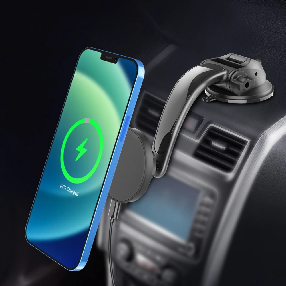 Magnetic 15W Fast Wireless Charger Adjustable Long neck Car Phone Mount Dashboard Cell Phone Holder for Iphone12