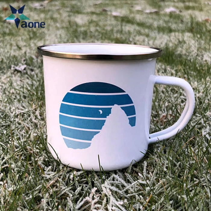 KLP customized design white 12oz camping mugs Coffee Cup enamel mug without handle